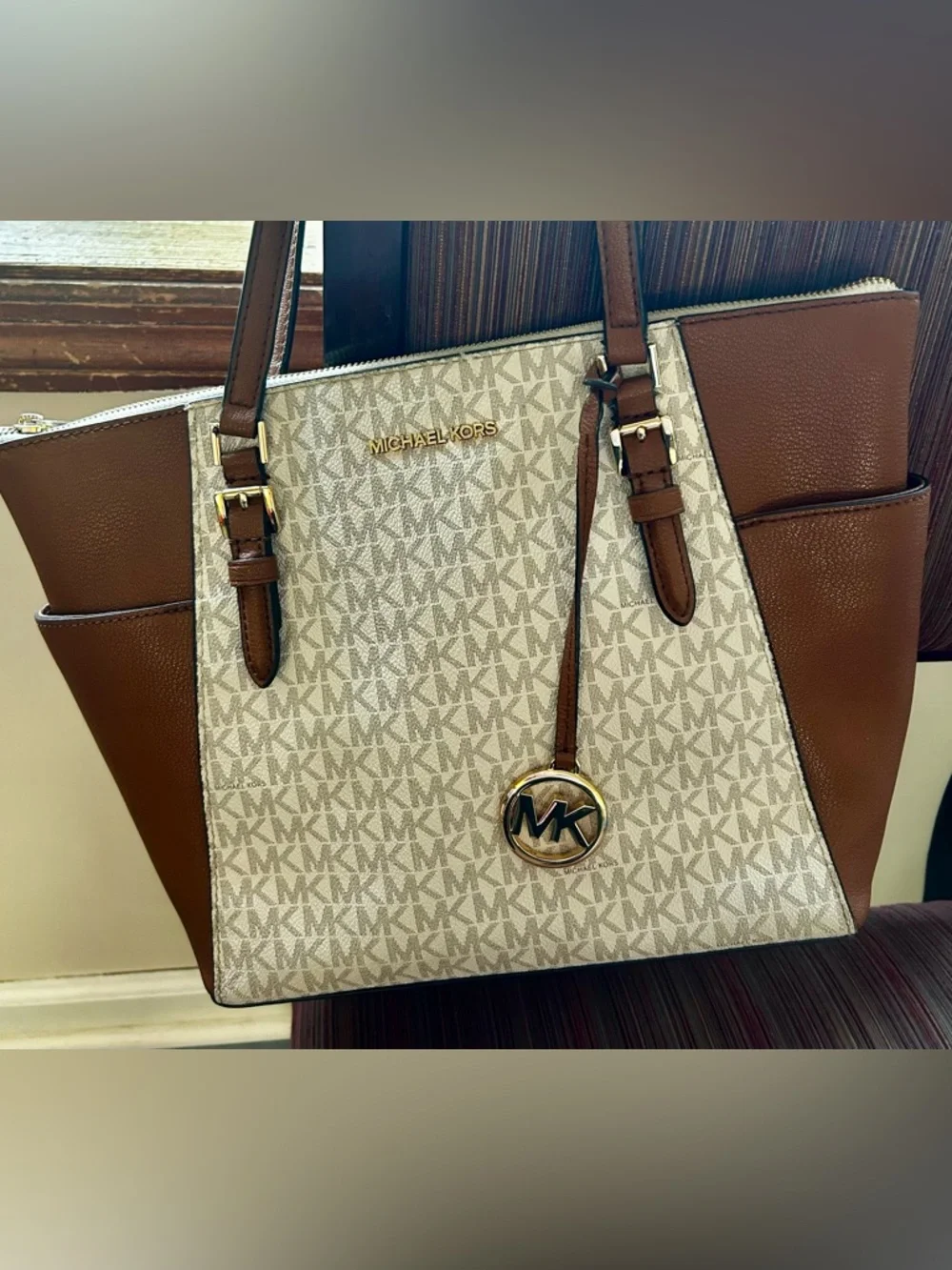 Michael Kors Charlotte Leather Top Zip Bag in Vanilla w/ Goldtone Hardware